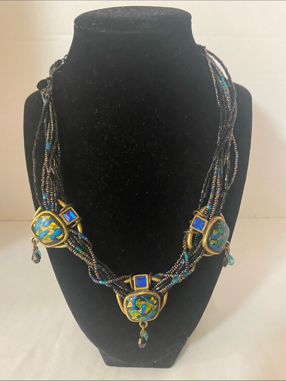Chico's Black Multi-Strand Necklace with Blue-Green Enamel Accents